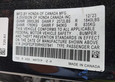 2024 Honda Civic Sport from USA, damaged, VIN 2HGFE2F55RH537841